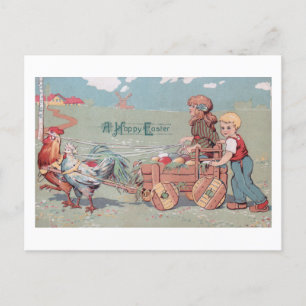 Cute Vintage Farm Children w/Påskägg Cart Helg Vykort