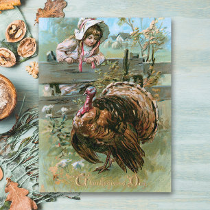 Cute Vintage Farm Girl with Thanksgiving Turkey Vykort