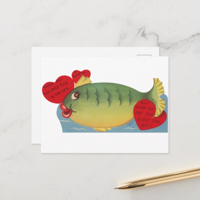 Cute vintage fish Valentine Helg Vykort (Fram/Back In Situ)