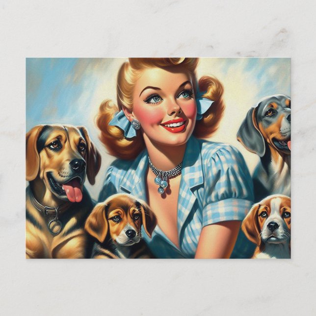 Cute vintage-flicka med valpar vykort (Framsida)