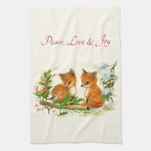 Cute Vintage Foxes Retro-julscen Kökshandduk