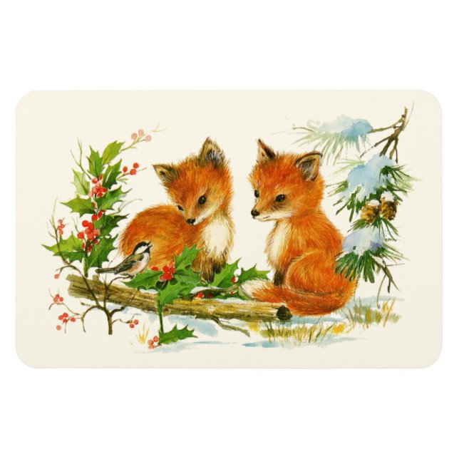 Cute Vintage Foxes Retro-julscen Magnet (Horisontell)
