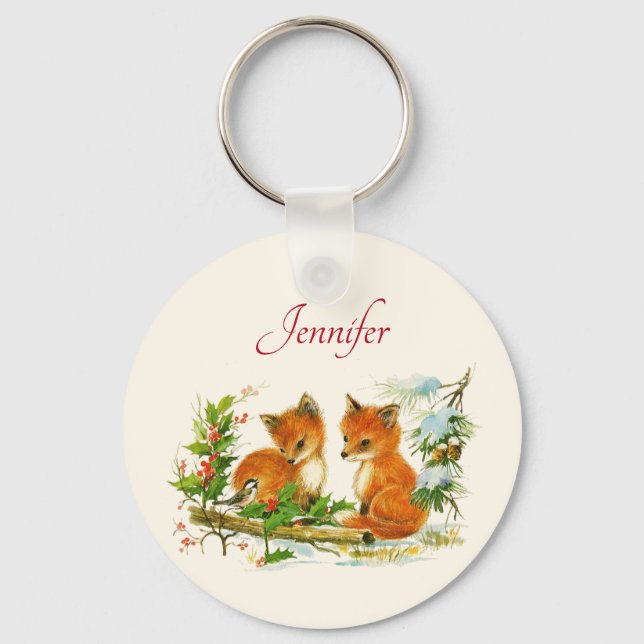 Cute Vintage Foxes Retro-julscen Nyckelring (Framsida)