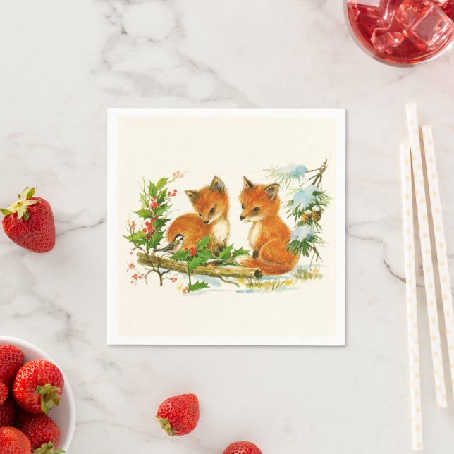 Cute Vintage Foxes Retro-julscen Pappersservett (Insitu)