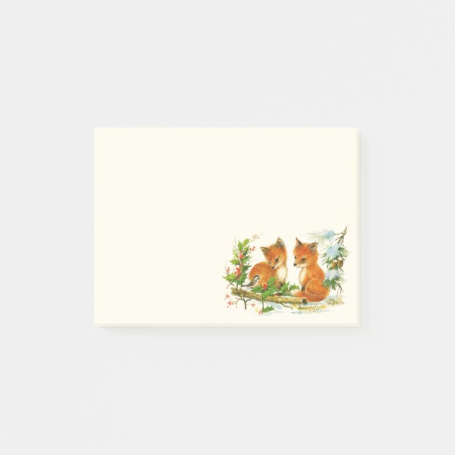 Cute Vintage Foxes Retro-julscen Post-it Block (Framsida)
