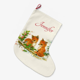 Cute Vintage Foxes Retro-julscen Stor Julstrumpa