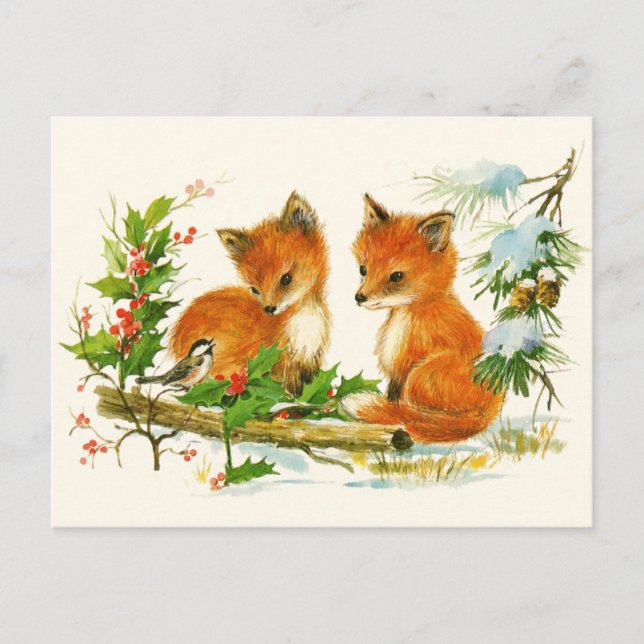 Cute Vintage Foxes Retro-julscen Vykort (Framsida)