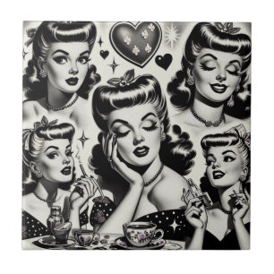 Cute Vintage Girl Illustration Kakelplatta