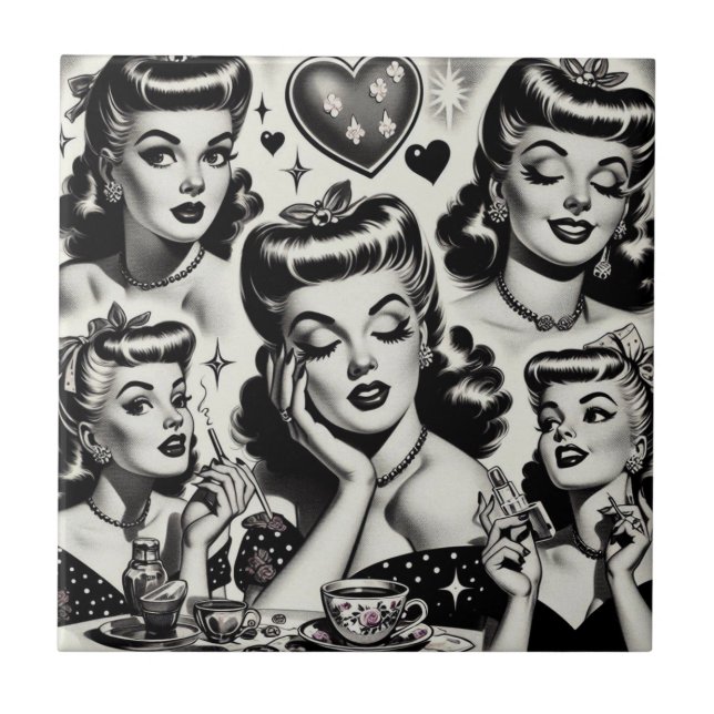 Cute Vintage Girl Illustration Kakelplatta (Framsidan)