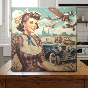 Cute Vintage Girl Illustration Kakelplatta
