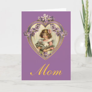 Cute Vintage Girl & Kitten Blommigt Heart Kort