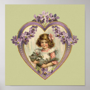 Cute Vintage Girl & Kitten Blommigt Heart Poster