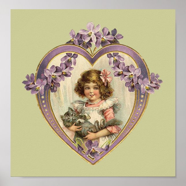 Cute Vintage Girl & Kitten Blommigt Heart Poster (Framsidan)