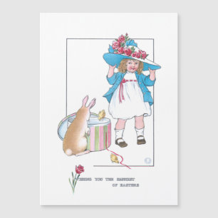 Cute Vintage Girl w/Påsk Bonnet, Bunny & Chicks