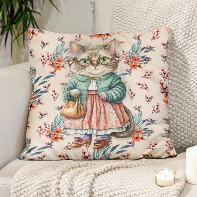 Cute Vintage Grandma Cat Rosa Apron Glass Kudde (Cute, funny little old lady/grandma cat pillow)