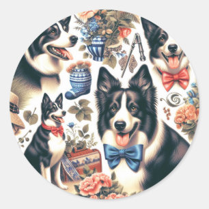 Cute Vintage Gräns Collie Illustration Runt Klistermärke