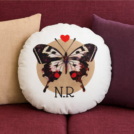 Cute Vintage Grunge Butterfly & Heart Monogramme Rund Kudde