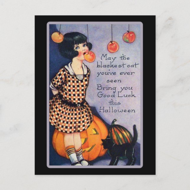 Cute Vintage Halloween Black Cat Vykort (Framsida)