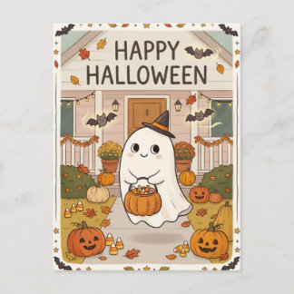 Cute Vintage Halloween Ghost & Pumpkins Postcard Vykort