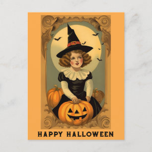 Cute Vintage Halloween Witch Hat Girl Pumpkin Vykort