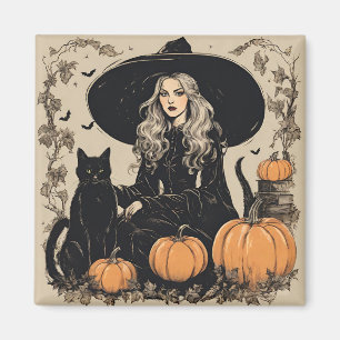Cute Vintage Halloween Witch med svart katt Magnet