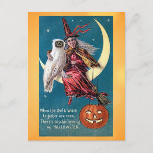Cute Vintage Halloween Witch Uggla Victorian Dikt Vykort