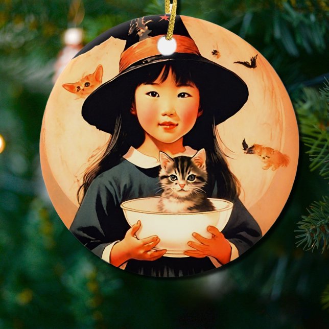Cute vintage häxa - asiatiskt barn julgransprydnad keramik (Skapare uppladdad)
