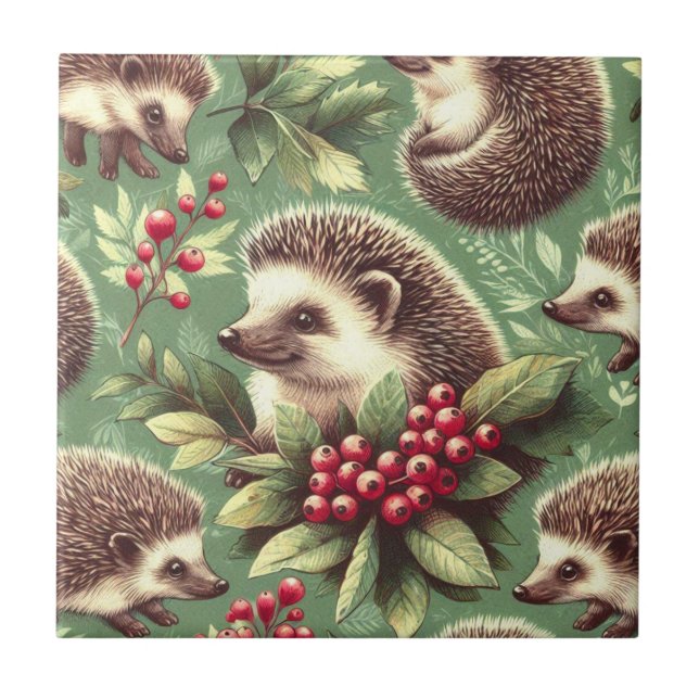 Cute Vintage Hedgehog Mönster Kakelplatta (Framsidan)