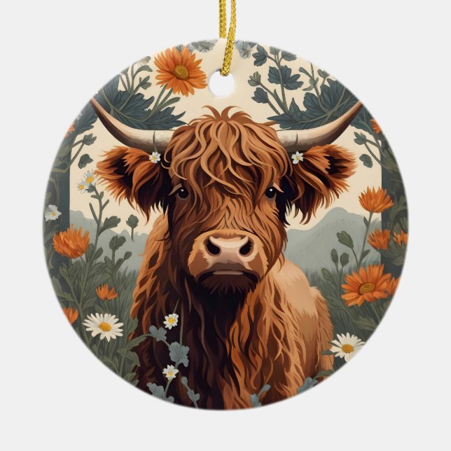 Cute Vintage Highland Cow Julgransprydnad Keramik (Framsidan)