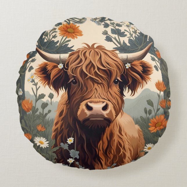 Cute Vintage Highland Cow Rund Kudde (Framsidan)