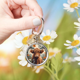 Cute Vintage Highland Cow Rund Silverfärgad Nyckelring