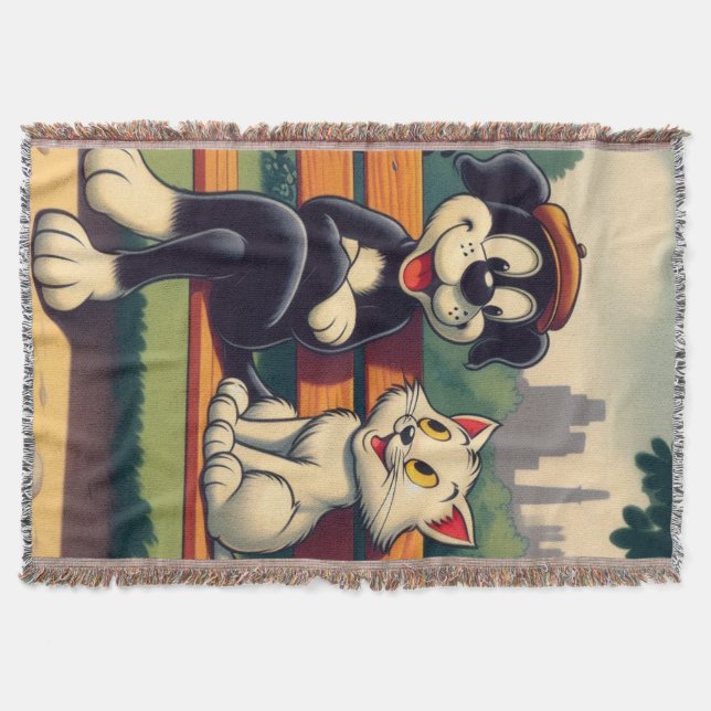 Cute, vintage hund/katt-tecknad filt (Framsidan)