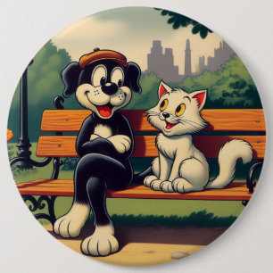 Cute, vintage hund/katt-tecknad knapp