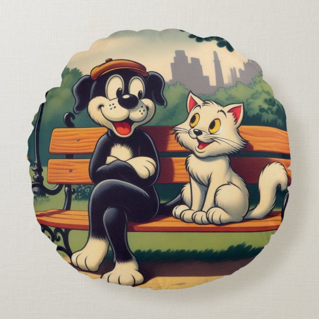 Cute, vintage hund/katt-tecknad rund kudde (Framsidan)