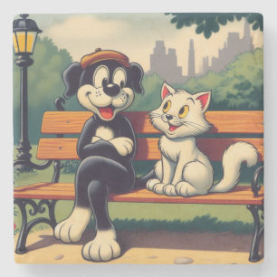 Cute, vintage hund/katt-tecknad stenunderlägg