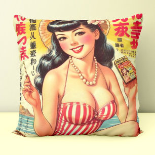 Cute Vintage Japansk flicka Kudde