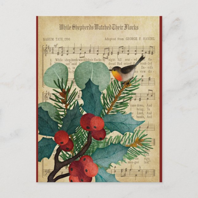 Cute Vintage jul Bird Music Vykort (Framsida)