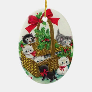 Cute Vintage jul Kittens i Basket Julgransprydnad Keramik