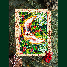 Cute Vintage jul Måne House Holly Mistletoe Helg Vykort
