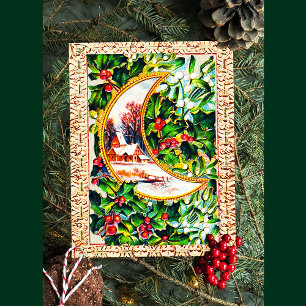 Cute Vintage jul Måne House Holly Mistletoe Helg Vykort