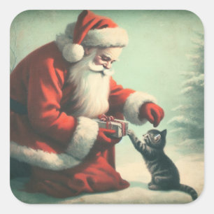 Cute Vintage Jultomten med Kitten Fyrkantigt Klistermärke