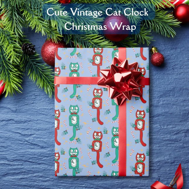 Cute Vintage Kit Cat Clock-jul Presentpapper (Cute Vintage Kit Cat Clocks in holiday colors announce "Its Christmas Time" on this Christmas Wrap.)