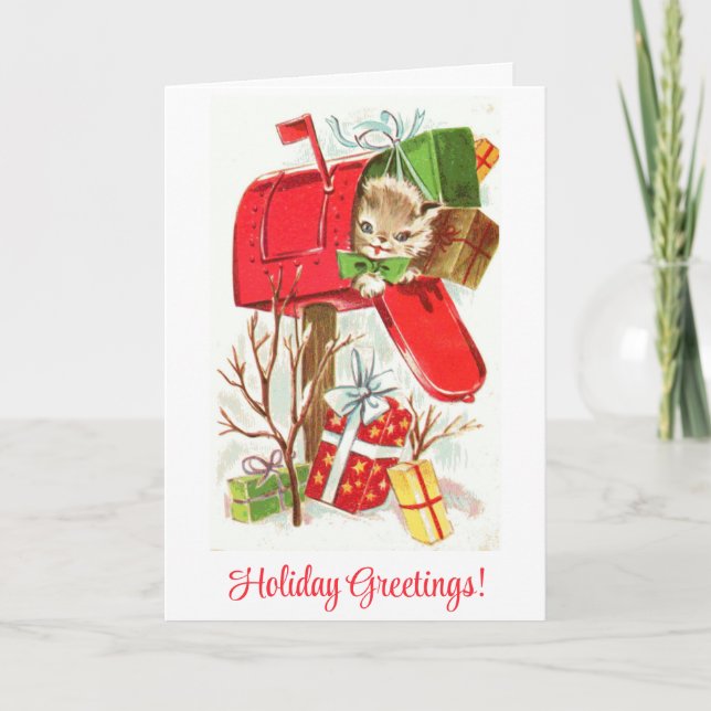 Cute Vintage Kitten Cat Christmas Greetings Helgkort (Framsida)