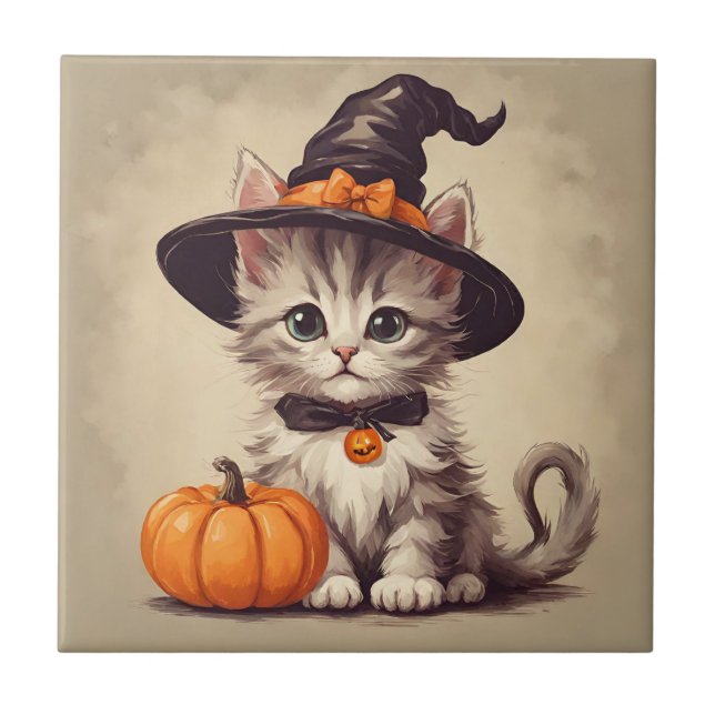 Cute Vintage Kitten i Halloween Witch Costume Kakelplatta (Framsidan)