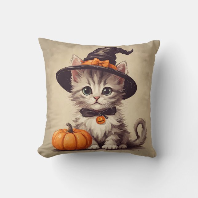 Cute Vintage Kitten i Halloween Witch Costume Kudde (Framsida)