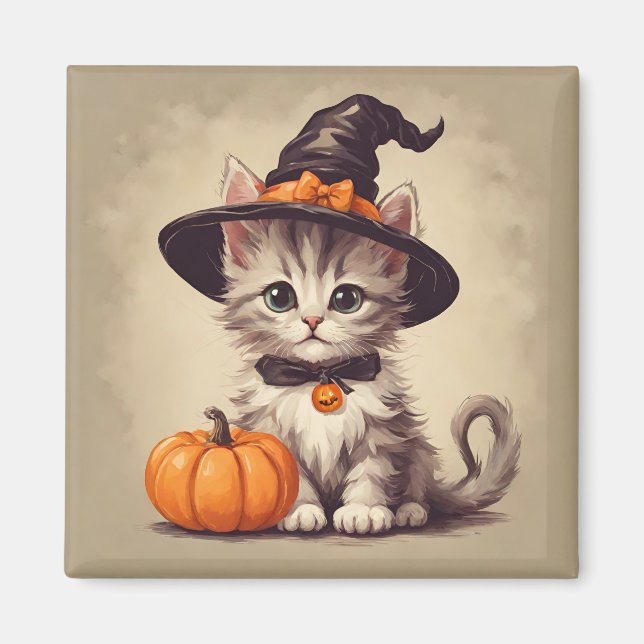Cute Vintage Kitten i Halloween Witch Costume Magnet (Framsidan)