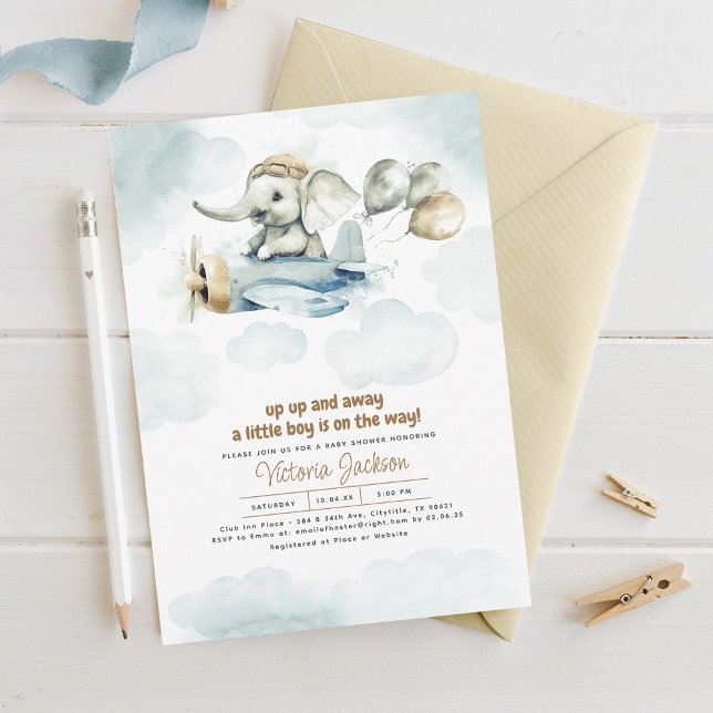 Cute Vintage Leksak Elephant & Flygplan Baby Showe Inbjudningar (Skapare uppladdad)