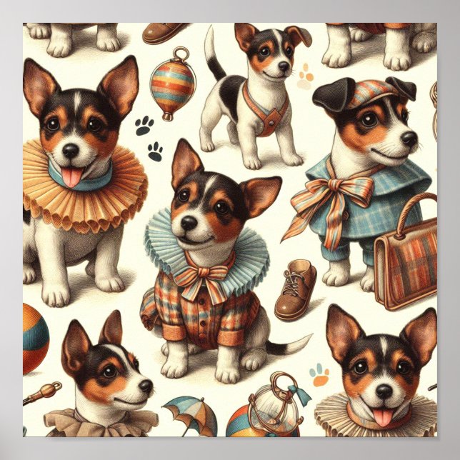 Cute Vintage Leksak Fox Terrier Sömlös Poster (Framsidan)