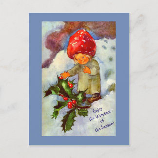 Cute Vintage Mushroom Child med Snö och Holly Vykort
