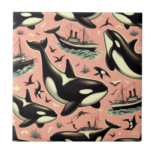 Cute Vintage Orca Mönster Kakelplatta (Framsidan)